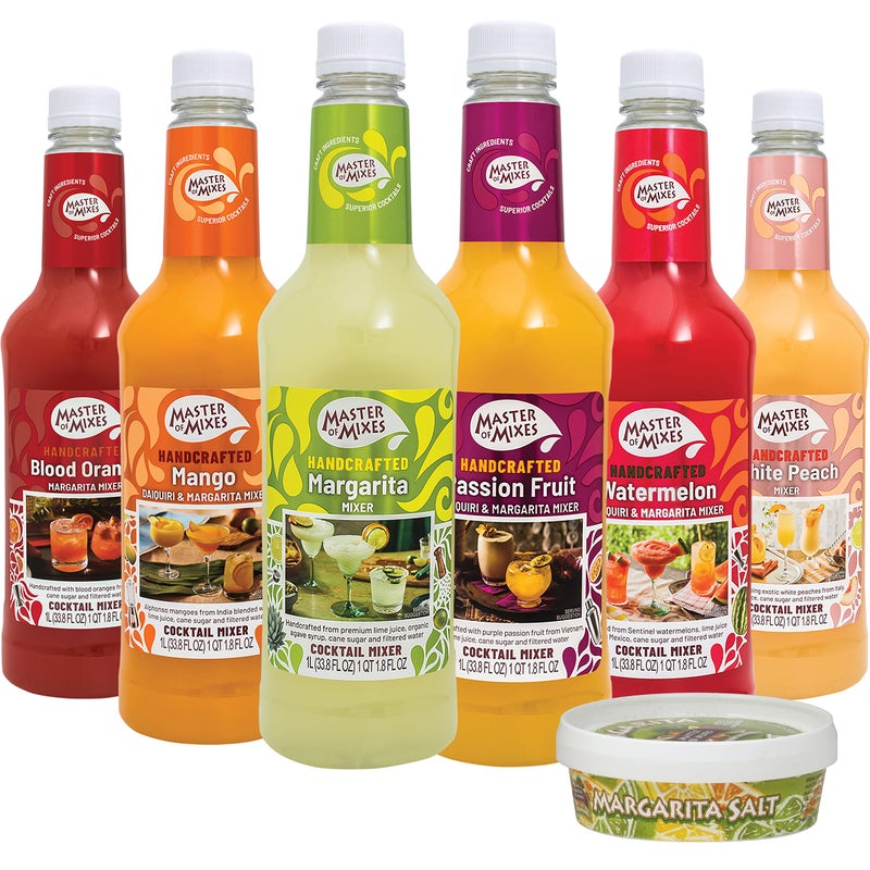 Master of Mixes Margarita / Daiquiri Drink Mixes Variety, Ready to Use, 1 Liter Bottles (33.8 Fl Oz), Pack of 6 Flavors + Margarita Salt - Image 1